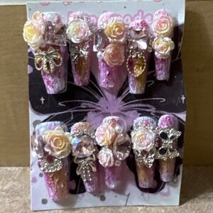 Pink 3D Floral Press On Nails Long Coffin Butterfly Rhinestone Charms